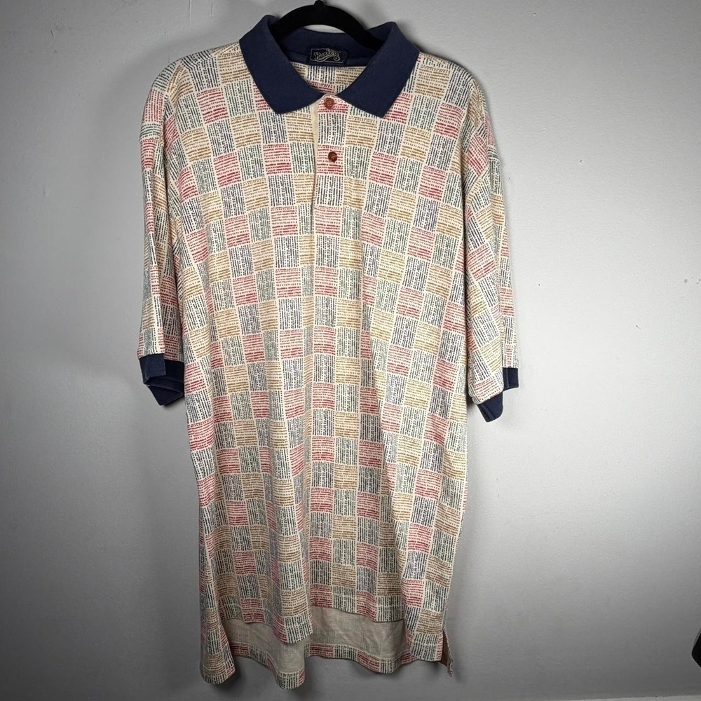 Bunkers Vintage Mens Large Geometric Dot Grid Polo Shirt Cream Navy Red Cotton - Picture 1 of 8